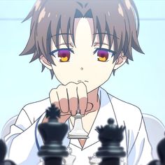 an anime character with red eyes playing chess