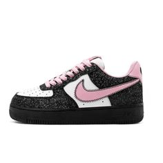 Custom Air Force 1 Low Black Bling Pink Swoosh White Turn heads with the Custom Air Force 1 Low Black Bling Pink Swoosh White. These sneakers merge bold design elements with luxurious details, featuring a striking pink swoosh and bling accents on a classic black and white base. Key Features: Black and White Base with Pink Swoosh: The timeless black and white color scheme is enhanced by a vibrant pink swoosh, creating a dynamic contrast that makes a bold statement. The addition of bling accents further elevates the design, adding a touch of sparkle and sophistication. Bling Detailing: The black bling accents add a touch of glamour and shine to the sneakers, making them stand out from the crowd. These sparkling details catch the light and bring an extra layer of style to the classic Air Forc Sporty Pink Nike Air Force 1 For Streetwear, Painted Sneakers, Custom Air Force 1, Air Force 1 Low, Custom Sneakers, Classic Sneakers, Bold Design, Sneaker Collection, Black And White Colour