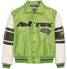 Stars and Stripe Green & White Leather Varsity Jacket Avirex Jacket, Striped Leather Jacket, Moto Wear, Usa Hockey, Leather Varsity Jackets, Parrot Green, Green Leather Jackets, Leather Jacket Style, Americana Fashion