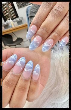 Ombe Blue and Pink Cloud Nails Pink Cloud Nails, Pink Blue Nails, Lilac Nails Design, Disney Nail Art, Cloud Nails, Blue Ombre Nails, Baby Blue Nails, Lilac Nails