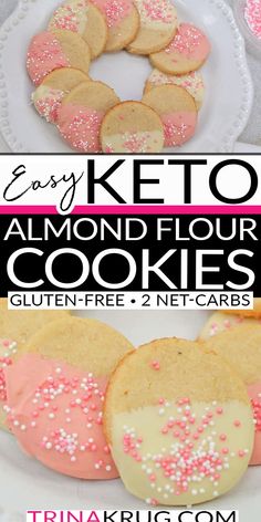 three different types of keto cookies with pink and white sprinkles