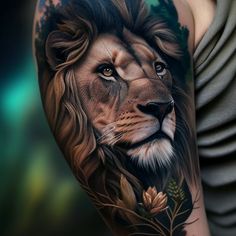 a man with a lion tattoo on his arm is holding a flower and looking at the camera