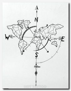 a black and white drawing of a world map with arrows pointing in different directions on it