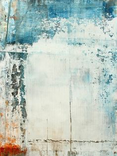 an abstract painting with blue and white colors on the outside, including rusted paint