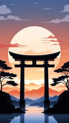 torii gate, japanese landscape, phone wallpaper, minimalist, minimalism, arch, sunset, poster, Japanese Architecture Painting, Japanese Gate Art, Japanese Temple Wallpaper, Simple Landscape Illustration, Torii Gate Drawing, Japanese Minimalism Art, Japanese Art Landscape, Landscape Phone Wallpaper, Phone Wallpaper Minimalist