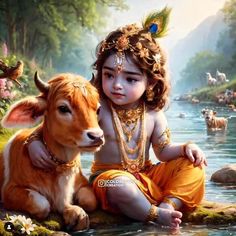 a painting of a baby sitting next to a cow in a river with other animals