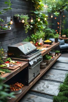 an outdoor grill with lots of vegetables and food on it's shelves in the backyard