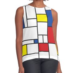 Women's sleeveless tank with vivid edge-to-edge sublimation print on front. Spliced materials for comfort. Front panel made from silky chiffon and solid color black or white jersey back. Sizes available XS- 2XL. Mondrian Minimalist De Stijl Art II © fatfatin | This is an original Mondrian inspired artwork designed by fat*fa*tin | *Please take note that any mondrian design which is identical to mine selling on Redbubble is being used without my permission. | Use the following link to view all var Multicolor Sleeveless Top With Graphic Print, Fitted Sleeveless Color Block Top, White Color Block Sleeveless Tank Top, White Sleeveless Color Block Tank Top, Modern Printed White Tops, Modern White Printed Tops, Modern White Printed Top, White Printed Sleeveless Tank Top, Modern White Sleeveless Tank Top