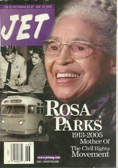 the front cover of jet magazine with an older woman in glasses and a bus behind her