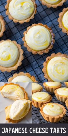 japanese cheese tarts on a cooling rack with text overlay that reads, japan cheese tarts