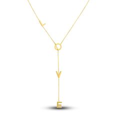 The letters "Love" hang elegantly in this meaningful women's lariat necklace. Fashioned in 14K yellow gold, the adjustable 16-inch cable chain secures in place with a lobster clasp. Gift Yellow Gold Lariat Necklace With Gold Chain, Everyday Yellow Gold Lariat Necklace With Adjustable Chain, Yellow Gold Lariat Chain Necklace, Yellow Gold Dangle Lariat Necklace, Valentine's Day Yellow Gold Lariat Necklace, Jared The Galleria Of Jewelry, Bee Studs, Lariat Necklace, Cable Chain