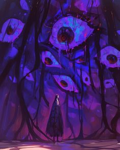 a man standing in front of an evil eye surrounded by trees and plants with purple eyes