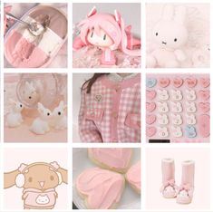 a collage of pink and white items including baby shoes, teddy bear cookies, stuffed animals