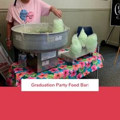 an old woman is making some food at a graduation party with green cotton balls in a large metal bowl