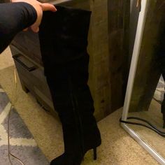 Beautiful Black Suede Over The Knee Black Stiletto Ledger Boot. Never Been Worn. A Gift And They Are A Size Too Small. My Loss Your Gain. Black Suede Knee-high Boots For Formal Occasions, Black Knee-high Suede Heeled Boots, Fitted Black Knee-high Boots With Zipper, Black Suede Knee-high Boots, Black Suede Knee-high Boots For Evening, Nina Shoes, Black Stilettos, Shoes Shoes, Shoes Heels Boots