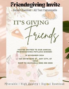 a flyer for a friends giving party with food and drinks on it, surrounded by greenery