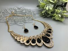 Navy Blue Crystal Rhinestone Necklace Earrings Set Lobster Claps Elegant Bridal Formal Shower Party Event Accessories New Comes in Gift Box as Shown #014 Elegant Black Rhinestone Necklace For Wedding, Elegant Party Jewelry Sets With Bling, Jeweled Metal Jewelry Sets For Party, Black Crystal Rhinestone Necklace For Wedding, Black Rhinestone Necklace For Wedding, Costume Jewelry Sets With Bling For Parties, Black Jewelry Sets For Party, Elegant Black Jewelry Sets For Festive Occasions, Party Costume Jewelry Sets With Bling