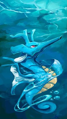 a painting of a blue dragon swimming in the water with its head above the water's surface