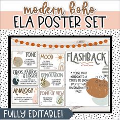 the modern boho ela poster set is shown with an orange and white polka dot border