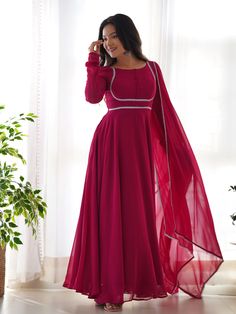 Readymade Anarkali Salwar Suit Processing Time : 7 Business Days Work : Fancy Lace Work Fabric:Top : Pure Soft Georgette Bottom : Micro Cotton Silk Dupatta : Pure Soft Georgette Color:Top : Rust Pink Rani Bottom : Rust Pink Rani Dupatta : Rust Pink Rani Full Sleeve Gowns, डिजाइनर कपड़े, Pakistan Clothes, Georgette Anarkali, Gown With Dupatta, Anarkali Dress Pattern, Pakistani Salwar Kameez, Anarkali Gown, Anarkali Suit