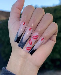 Acrylic Nails With Kisses, Baddie Nail Art Black And Red, Red Chicana Nails, Lipstick Shaped Nails Acrylic Long, Red Kiss Nail Designs, Mobile Nail Technician, Slay Nails, Mobile Nails, Kiss Nails