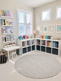 an image of a room with bookshelves and pictures on the wall above it