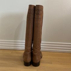 Authentic Chanel Brown Riding Boots Size Eu 39.5 Some Scuffs But Only Worn A Handful Of Times Calf Leather Riding Boots With Leather Lining, Designer Brown Knee-high Boots, Luxury Calf Leather Riding Boots, Designer Knee-high Boots With Leather Lining, Designer Boots With Leather Lining And Round Toe, Designer Boots With Round Toe And Leather Lining, Designer Calf Leather Boots With Rubber Heel Cap, Luxury Leather Boots Medium Fit, Designer Calf Leather Boots With Flat Heel