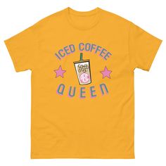 Be the Queen of Delicious & Refreshing Iced Coffee! • 100% cotton; Ash Grey is 99% cotton• Open-end yarn• Tubular fabric• Taped neck and shoulders• Double seam at sleeves and bottom hem• Gildan Standard Unisex Basic Tee Size guide SIZE LENGTH (inches) WIDTH (inches) SLEEVE LENGTH (inches) S 28 18 15 ⅝ M 29 20 17 L 30 22 18 ½ XL 31 24 20 2XL 32 26 21 ½ 3XL 33 28 22 ¾ Coffee Color Cotton Top For Summer, Coffee Colored Cotton Slogan Top, Coffee Cotton Top With Screen Print, Coffee Cotton Slogan Top, Coffee Colored Graphic Tee In Cotton, Coffee-colored Cotton Tops With Slogan, Coffee-colored Cotton Top With Slogan, Coffee-colored Cotton Top With Screen Print, Coffee-colored Cotton Slogan Top