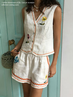 ditsy embroidery button up vest and shorts set matching 2 piece floral tank and shorts set #shorts #shortset #2piece #twopiece #embroidery Sleeveless Sets For Spring Vacation, Spring Vacation Sleeveless Sets, Sleeveless Sets For Spring And Summer, Cotton V-neck Sets For Day Out, White Sleeveless Sets For Beach Season, Spring Vacation Short Sets, Spring Vacation Sets With Short Length, Sleeveless Sets For Spring Day Out, Sleeveless Sets For A Spring Day Out