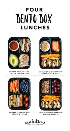 four bento box lunches with different types of food in them and the text, four bento box lunches