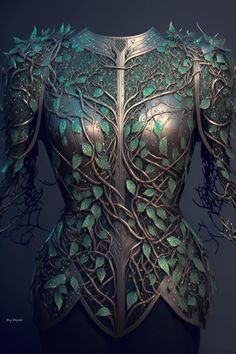 the back of a woman's dress made out of metal and green leafy vines