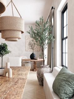 a living room filled with white furniture and lots of green plants in vases on the table