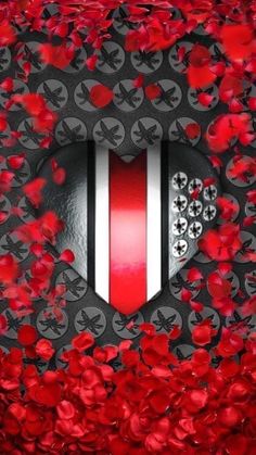 a red and black background with hearts on the bottom, and a white stripe in the middle