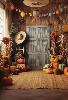 a room filled with lots of pumpkins and decorations