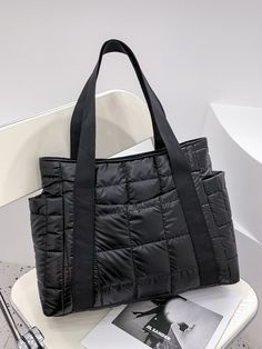 Black Casual,Fashionable Collar  Polyamide Plain Shoulder Tote Bag Embellished   Women Bags Plaid Tote, Cotton Handbag, Handbags Casual, Nylon Tote, Canvas Handbags, Mua Sắm, Shoulder Tote Bag, Nylon Bag, Womens Tote