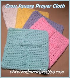 four crocheted square prayer cloths in different colors