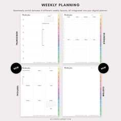 the printable weekly planner is shown in four different colors and sizes, including rainbows