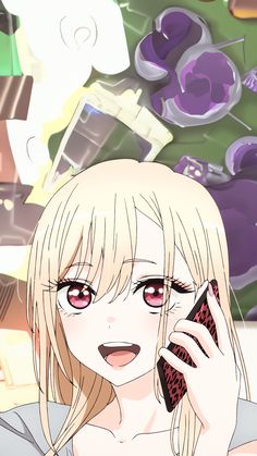 an anime character holding a cell phone to her ear and looking at the camera with red eyes