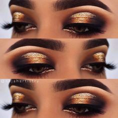 Black And Gold Eyeshadow, Makeup Emoji, Gold Eyeshadow Looks, Gold Glitter Eyeshadow, Cheer Makeup, Halo Eyeshadow, Halo Eye Makeup, Gold Lipstick, Cute Eyeshadow Looks