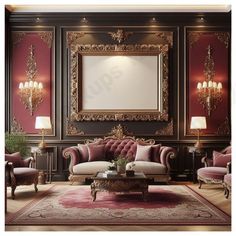 an ornate living room with red walls and gold trimmings on the wall, along with pink velvet couches