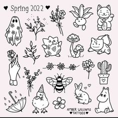 a set of cartoon animals and plants with the words spring 2012 written in black ink