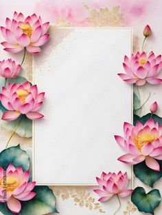 pink lotus flowers with green leaves on a white and gold background for greeting cards or wallpapers