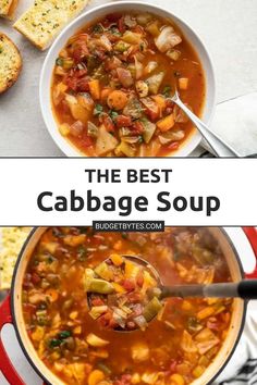 the best cabbage soup in a red pot with spoons and bread on the side