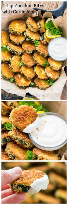 two pictures showing the process of making crab cakes with sour cream and spinach leaves