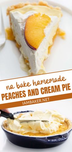 no bake homemade peaches and cream pie on a white plate with text overlay