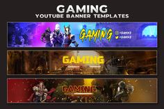 three video game banner templates with the title'gaming'in different font and colors