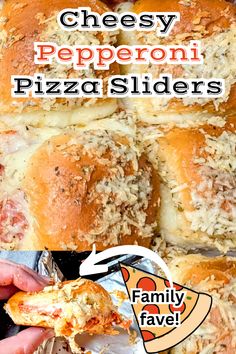 cheesey pepperoni pizza sliders with text overlay