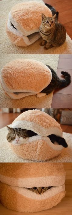 a cat laying on top of a giant sandwich shaped bed that is made to look like it's sleeping