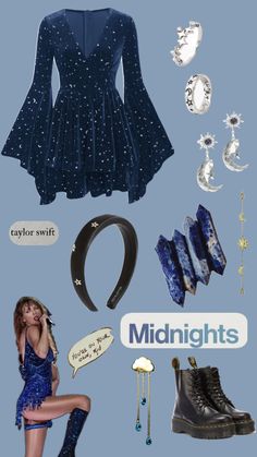 a collage of various items including boots, necklaces and hair clips on a blue background