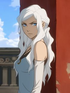 a woman with white hair and blue eyes standing in front of a building